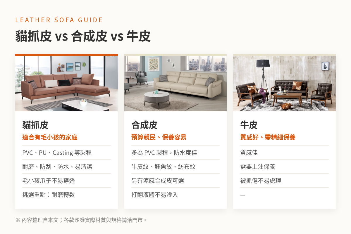 貓抓皮沙發|貓抓皮、合成皮、牛皮沙發比較:製程、耐磨防刮防水特性與保養方式